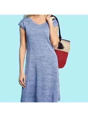 T x TALBOTS Blue Jersey Dress Soft Drape Casual Stretch Knit Marled Blue Sz Lp